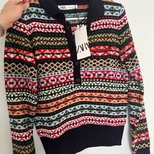 Zara Red and Green Cardigan Sweater Cozy Nordic Style
